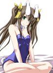  animal_ears bare_legs brown_hair bunny_ears bunny_tail bunnysuit detached_collar green_eyes huang_lingyin infinite_stratos long_hair mister_(black_and_white) ribbon sitting solo tail twintails wariza 