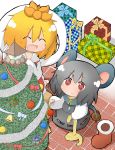  amakaeru animal_ears blonde_hair capelet christmas_tree closed_eyes dress eyes_closed fang gift grey_hair hair_ornament highres jeweled_pagoda jewelry mouse_ears mouse_tail multiple_girls nazrin open_mouth pendant red_eyes short_hair smile tail toramaru_shou touhou 