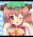  animal_ears bad_id brown_eyes brown_hair cat_ears chen fang hat open_mouth paw_pose red_eyes shinekalta short_hair solo touhou wink 