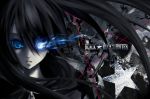  black_hair black_rock_shooter black_rock_shooter_(character) blue_eyes blue_fire chain chains fire glowing glowing_eye kooloreo long_hair solo title_drop twintails 