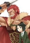  armor bad_id beard black_hair bob_cut cape facial_hair fate/stay_night fate/zero fate_(series) green_eyes hand_on_head heirou highres male multiple_boys red_eyes red_hair redhead rider_(fate/zero) short_hair size_difference sword trap waver_velvet weapon 