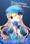  blonde_hair blue blue_eyes blue_rose capelet chabacha character_name cordelia_glauca flower happy_birthday long_hair rose solo tantei_opera_milky_holmes wink 