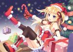  1girl bare_shoulders black_legwear blonde_hair blush boots bow breasts candy_cane choker christmas christmas_tree cleavage english fang female fur_trim gift gloves hair_bow hat holly leg_lift long_hair mauve open_mouth original present purple_eyes ribbon santa_costume santa_hat short_twintails sitting smile snowflakes solo star thigh-highs thighhighs twintails two_side_up violet_eyes 