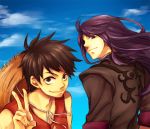  black_eyes black_hair chiori crossover hat long_hair male monkey_d_luffy multiple_boys one_piece purple_hair sky smile straw_hat tales_of_(series) tales_of_vesperia v yuri_lowell 