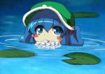  blowing_bubbles blue_eyes blue_hair bubble bubble_blowing hair_bobbles hair_ornament hat kawashiro_nitori lily_pad ryuu_(multitask) short_hair sketch solo touhou twintails wading water 
