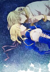  1girl ahoge blonde_hair blue_rose bracelet braid chess_piece closed_eyes colored_eyelashes corset dress eyes_closed fate/stay_night fate/zero fate_(series) flower gilgamesh hair_bun hair_ribbon jewelry kai28 lying necklace on_back on_side puffy_sleeves red_eyes ribbon rose saber short_hair sleeping 