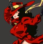  1girl black_gloves black_hair breasts carmen_sandiego carmen_sandiego_(character) curly_hair fedora gloves hat hat_over_one_eye large_breasts lips lipstick long_coat long_hair makeup naked_coat naso4 navel no_panties out-of-frame_censoring rope scarf 