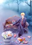  1boy beioulei bench blonde_hair candy crossed_legs earrings fate/stay_night fate/zero formal gift gilgamesh highres jewelry legs_crossed male outdoors red_eyes short_hair sitting solo suit teapot 