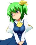  ascot blue_eyes bow breast_squeeze breasts daiyousei dress green_hair hair_bow hyudora long_sleeves looking_away short_hair side_ponytail simple_background smile solo touhou white_background wings 