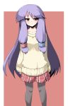  :3 contemporary grin hair_ribbon hat hat_removed headwear_removed kotepo legwear_under_shorts long_hair pantyhose patchouli_knowledge plaid purple_hair red_eyes ribbon shorts simple_background smile solo sweater touhou very_long_hair 