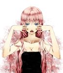  bare_shoulders blue_eyes breasts cleavage fingernails highres long_hair megurine_luka open_mouth pink_hair solo vocaloid 