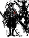  1girl antaria armband boots deaths_head glasses hat iron_cross military military_uniform monochrome muscle nazi open_mouth original peaked_cap red_eyes scar shirtless skull skull_and_crossbones smirk spot_color standing stitches swastika uniform weapon 