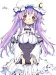  blush book breast_rest breasts carried_breast_rest crescent hat kawahara_megumi long_hair patchouli_knowledge purple_eyes purple_hair sad shy solo touhou violet_eyes white_background 