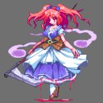  belt blood breasts cleavage dress hair_bobbles hair_ornament hitodama japanese_clothes kou_2008 lowres onozuka_komachi pixel_art polearm red_eyes red_hair redhead scythe solo spirit touhou twintails weapon 