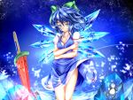  adult blue_eyes blue_hair bow breasts cirno cleavage food frog frozen fruit hair_bow highres ice monikano popsicle_stick short_hair solo sword teenage touhou undone undone_necktie watermelon weapon wind wings 