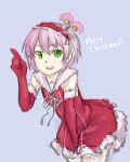  dress elbow_gloves gloves green_eyes grey_background highres imageboard_colors kanonno_earhart leaning_forward merry_christmas pas_(paxiti) pink_hair pointing pointing_up short_hair simple_background solo tales_of_(series) tales_of_the_world_radiant_mythology_2 