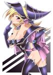  ankh bare_shoulders blonde_hair breasts choker cleavage duel_monster earrings elbow_gloves finger_to_mouth gloves hat highres jewelry large_breasts magi_magi_magician_gal mtu pentacle pointy_ears purple_eyes skirt solo thigh-highs thighhighs violet_eyes wizard_hat yu-gi-oh! yuu-gi-ou yuu-gi-ou_zexal 