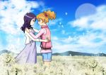  2girls blonde_hair blue_sky blurry blush casual closed_eyes clouds couple depth_of_field dress eas eye_contact field flower flower_field fresh_precure! hand_on_shoulder higashi_setsuna hug light_smile looking_at_another momozono_love mountain multiple_girls ouki_shinobu outdoors petals precure purple_hair shorts sky spider_lily yuri 