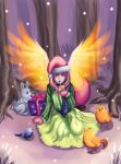  arm_support bird blue_eyes bunny chick chicken christmas dress fluttershy forest gift hair_ornament hairclip highres juice_box lips long_hair mittens my_little_pony my_little_pony_friendship_is_magic nature personification pink_hair rabbit scarf sitting snow winter 