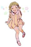  arm_support blonde_hair closed_eyes dress eyes_closed flower footwear hair_flower hair_ornament huang_baoling laughing legs mary_janes mikkabouzu_(kisarisa) open_mouth pink_shoes shoes short_dress short_hair simple_background sitting smile socks solo striped striped_dress tiger_&amp;_bunny white_legwear yellow_dress 
