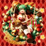  bell boots braid checkered checkered_background christmas fumi_(butakotai) green_eyes green_hair hatsune_miku holly long_hair merry_christmas pig_7 red_nose reindeer reindeer_antlers riding santa_costume sparkle striped striped_background thigh-highs thighhighs twin_braids twintails very_long_hair vocaloid wink wreath 