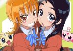  blue_eyes blush bowtie futari_wa_precure grin long_hair lowres mepple mipple misumi_nagisa multiple_girls precure school_uniform smile striped striped_bowtie yamauri yukishiro_honoka 