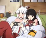  arm_around_neck black_hair blush book brown_eyes ebz fujiwara_no_mokou futon houraisan_kaguya multiple_girls neko_majin open_mouth overalls playing_games playstation_portable product_placement red_hair redhead suspenders touhou translated translation_request under_covers white_hair 