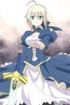  afuro_(did) ahoge blonde_hair blurry depth_of_field dress excalibur fate/stay_night fate/zero fate_(series) green_eyes hair_ribbon puffy_sleeves ribbon saber solo sword weapon 