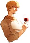  blonde_hair bracelet casual cup earrings fate/stay_night fate/zero fate_(series) gilgamesh jewelry male necklace red_eyes short_hair solo wine wine_glass zihad 