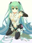  between_breasts breasts bridal_gauntlets center_opening elbow_gloves gloves green_eyes green_hair hatsune_miku hatsune_miku_(append) kizen3 kneeling long_hair miku_append necktie simple_background solo thigh-highs thighhighs twintails very_long_hair vocaloid vocaloid_append 