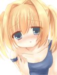  1girl blonde_hair blue_eyes blush chitose_sana commentary_request highres off_shoulder short_hair simple_background solo suzune_rena tenshinranman white_background 
