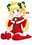  ahoge bell blonde_hair blue_eyes blush bow cake capelet christmas copyright_request dress eating fang food food_on_face fruit hair_ribbon meito_(maze) red_legwear ribbon santa_costume sitting solo strawberry thigh-highs thighhighs twintails wariza 