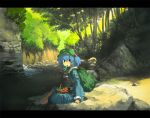  backpack bag barefoot basket blue_eyes blue_hair cattail cucumber food forest hair_bobbles hair_ornament hat kawashiro_nitori key letterboxed mouth_hold nature plant randoseru river scenery short_hair sitting skirt skirt_set solo tomato touhou twintails vegetable you_(shimizu) 