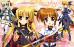  bardiche blonde_hair blue_eyes bodysuit bow brown_hair einhart_stratos fate_testarossa fingerless_gloves fujima_takuya gloves green_eyes green_hair hair_bow heterochromia highres lyrical_nanoha mahou_shoujo_lyrical_nanoha mahou_shoujo_lyrical_nanoha_vivid purple_eyes raising_heart red_eyes sacred_heart side_ponytail staff takamachi_nanoha thighhighs twintails violet_eyes vivio 