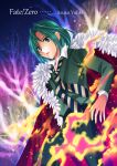  1girl cape dutch_angle fate/stay_night fate/zero fate_(series) feathers forest green_eyes green_hair highres male nature necktie short_hair solo waver_velvet yuhki_azusa 
