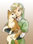  animal blonde_hair blue_eyes brown_background carrying dog gloves gradient gradient_background hakobe_(ichiru) link male nintendo pointy_ears shiba_inu skyward_sword smile the_legend_of_zelda wince wink 