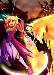  alatreon alatreon_(armor) alternate_costume armor blonde_hair breasts byoubyou cleavage dragon fang gloves hair_ribbon highres molten_rock monster_hunter monster_hunter_3 open_mouth red_eyes ribbon rock rumia scythe side_ponytail solo the_embodiment_of_scarlet_devil touhou youkai 