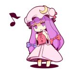  blush book chibi crescent dress hair_ribbon hat long_hair musical_note open_mouth patchouli_knowledge pink_dress purple_eyes purple_hair ribbon shijuuhatte simple_background smile solo taiga_mahoukan touhou translated translation_request violet_eyes white_background 