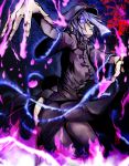  blue_hair breasts chinese_clothes claws falconet_dragon glowing glowing_eyes hat highres jiangshi miyako_yoshika ofuda outstretched_arms purple_eyes ryuuichi_(f_dragon) short_hair solo touhou violet_eyes zombie_pose 