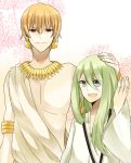  androgynous blonde_hair bracelet earrings enkidu_(fate/strange_fake) fate/stay_night fate/strange_fake fate/zero fate_(series) gilgamesh green_eyes green_hair hand_on_head highres jewelry long_hair male multiple_boys necklace open_mouth red_eyes shirtless short_hair smile tanuma_(tanuma916) toga trap 