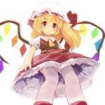  ascot blonde_hair blush blush_stickers flandre_scarlet from_below hat hat_ribbon paprika_shikiso pashikiso red_eyes ribbon short_hair side_ponytail simple_background skirt skirt_set solo the_embodiment_of_scarlet_devil thigh-highs thighhighs touhou white_legwear wings 