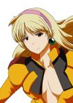  1girl blonde_hair bodysuit breasts brown_eyes cleavage earrings eruichi_(redphantom) gundam hairband jewelry katejina_loos large_breasts long_hair open_clothes open_shirt pilot_suit shirt simple_background skin_tight solo unzipped victory_gundam 
