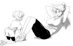  all_fours alternate_hairstyle armpits arms_behind_head bike_shorts breasts child exercise greyscale hands_on_feet horn hoshiguma_yuugi ikuya_koimori kisume large_breasts monochrome multiple_girls open_mouth ponytail shoes situp smile sneakers sweat t-shirt tank_top touhou twintails 
