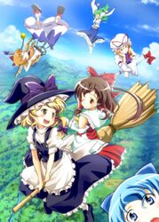  :3 =_= apron ascot blonde_hair bloom blue_dress blue_eyes blue_hair bow broom broom_riding brown_hair chin_rest cirno dress falling flying gap green_hair hair_ribbon hakurei_reimu hat horns ibuki_suika kirisame_marisa kochiya_sanae landscape long_hair looking_at_viewer mukai multiple_girls open_mouth purple_eyes red_eyes red_ribbon ribbon touhou upside-down very_long_hair violet_eyes waist_apron wink witch witch_hat yakumo_yukari yellow_eyes 