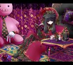  :&lt; animal_ears ball black_gloves black_hair bonnet book chair cup dress gloves hair_over_shoulder kettle long_hair original ramuya_(lamb) reading red_dress red_eyes sitting solo stuffed_animal stuffed_toy table tea teacup twintails 