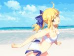  beach bikini blonde_hair fate/stay_night fate/zero fate_(series) green_eyes highres min_(westsign2170) ponytail saber solo swimsuit vector_trace 