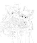  blush bouquet bow face flower hair_bow hair_tubes hakurei_reimu hands happy ikuya_koimori lineart long_hair monochrome multiple_girls open_mouth payot reiuji_utsuho rose shy smile touhou wings 