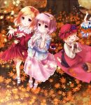  aki_minoriko aki_shizuha autumn blonde_hair bloomers blouse blue_dress bobby_socks brown_eyes buttons cirno dress eyeball food footwear frilled_sleeves fruit grapes hair_ornament hairband hand_on_own_face hat heart holding ice ice_wings inugami-ke_no_ichizoku_pose komeiji_satori lace-trimmed_skirt leaf maple_leaf mat multiple_girls nunucco open_hands open_mouth pink_eyes pink_hair shirt shoes short_hair sitting skirt smile socks sweet_potato third_eye touhou tree upside-down wariza wings 