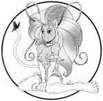  1girl animal_ears antenna_hair bare_shoulders big_hair breasts butterfly cat_ears cat_tail choker felicia fur lowres monochrome monster_girl paws sitting solo tail vampire_(game) wariza 