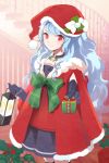  artist_request bangs bell black_legwear blue_hair cape collar elbow_gloves gift gloves hat holding holding_gift holly lantern linus_falco long_hair lowres outstretched_arm plaid red_eyes ribbon santa_costume santa_hat skirt smile solo stairs swept_bangs sword_girls thighhighs wavy_hair 